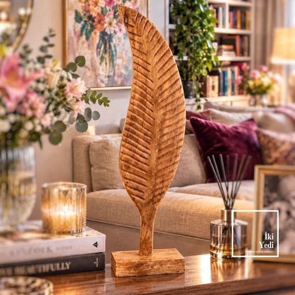 Roissy 771 Ahşap Yaprak Heykeli 75 cm Büyük Dekoratif Obje Salon Ofis Konsol Aksesuarı Hediyelik