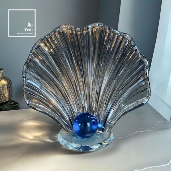 Dicarlo Kristal İstiridye İçinde Mavi İnci, Cam Dekoratif Obje, Zarif Ev Ofis Hediyelik Biblo