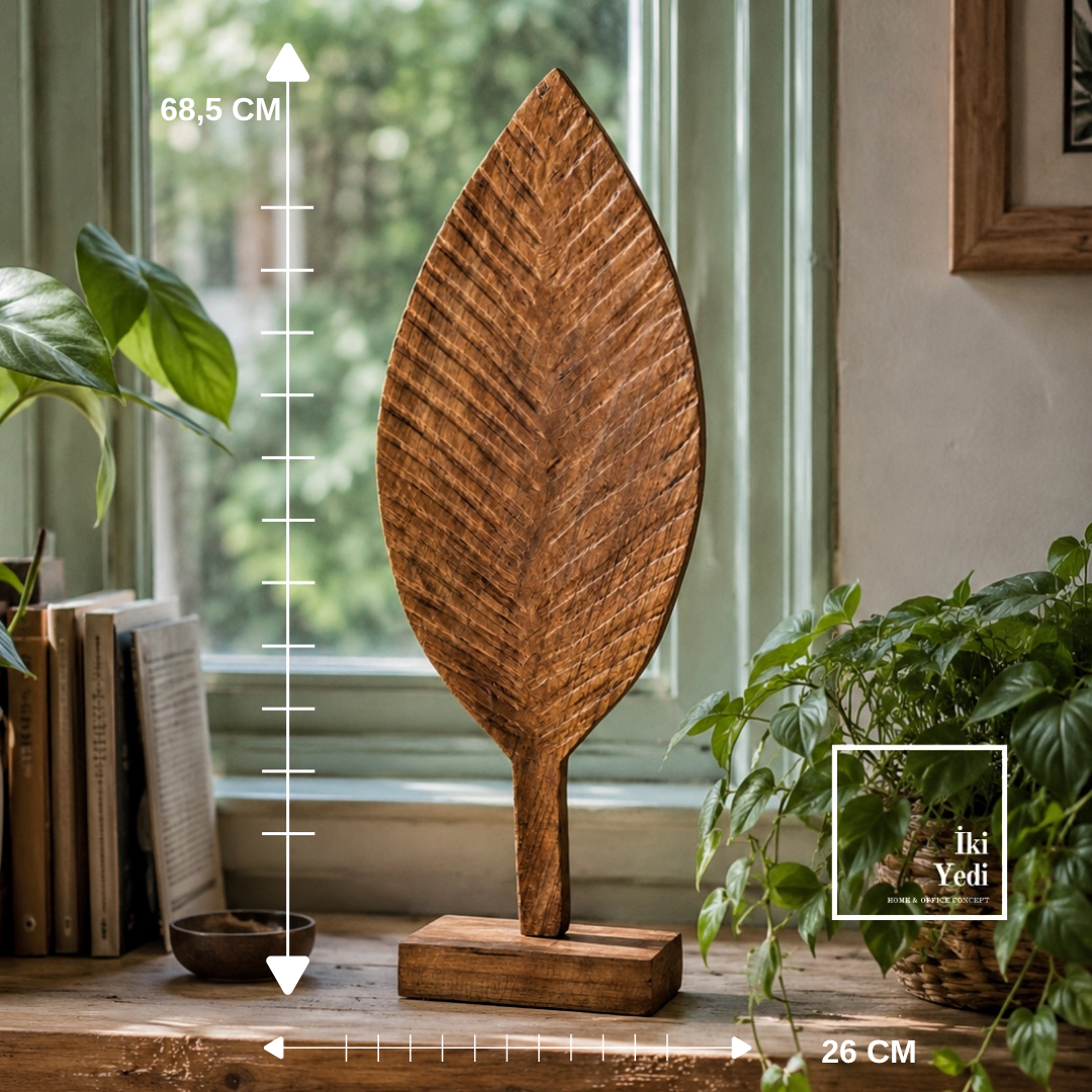 Roissy 772 Ahşap Yaprak Heykeli 68,5 cm Büyük Dekoratif Obje Salon Ofis Konsol Biblo Aksesuar Wood