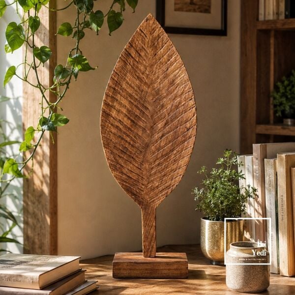 Roissy 772 Ahşap Yaprak Heykeli 68,5 cm Büyük Dekoratif Obje Salon Ofis Konsol Biblo Aksesuar Wood