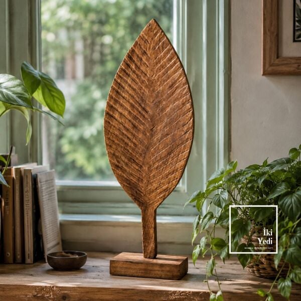 Roissy 772 Ahşap Yaprak Heykeli 68,5 cm Büyük Dekoratif Obje Salon Ofis Konsol Biblo Aksesuar Wood
