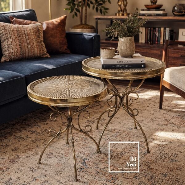 Ajaccio Premium Antik Bronz Metal Sehpa Takımı İkili Set (60cm & 50cm) 2'li Zigon & Yan Sehpa Seti