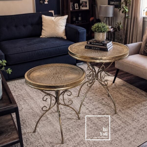 Ajaccio Premium Antik Bronz Metal Sehpa Takımı İkili Set (60cm & 50cm) 2'li Zigon & Yan Sehpa Seti