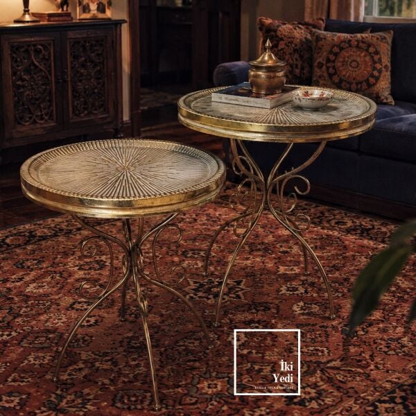 Ajaccio Premium Antik Bronz Metal Sehpa Takımı İkili Set (60cm & 50cm) 2'li Zigon & Yan Sehpa Seti