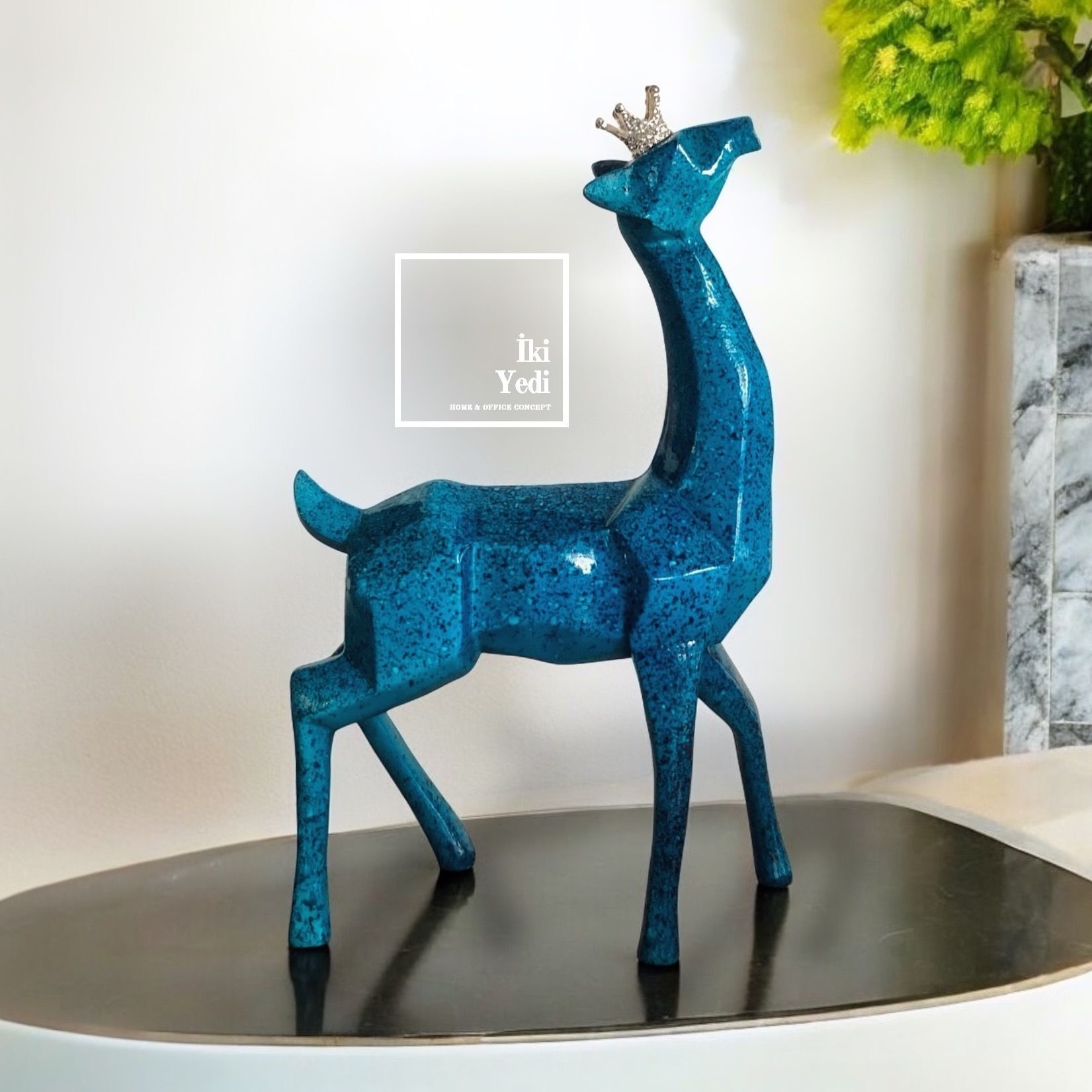 Ferran Mavi Renkli Taçlı Seramik Geyik Dekoratif Biblo Modern Tasarım Lüks Ev Ofis Hediyesi Dekor