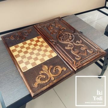Lauren Oymalı Masif Ağaç Tavla Takımı Ahşap Satranç ve Dama Çift Taraflı Antik Lüks Koleksiyon Ürünü Backgammon Motifli Unutulmaz Hediye