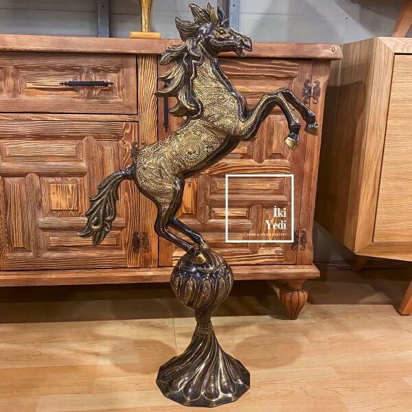 Oregon Büyük Demir Pirinç İşlemeli Şahlanan At Heykeli Luxury Dekorasyon Ev Ofis Büro Hediyesi Dev Ebat