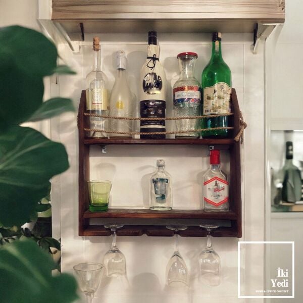 Clavil Ahşap Şaraplık Duvar Rafı Ağaç ve Halat Rustik İçki Dolabı Kadeh ve Şişe Bölmeli Dekoratif Ev Ofis Büro Hediyesi