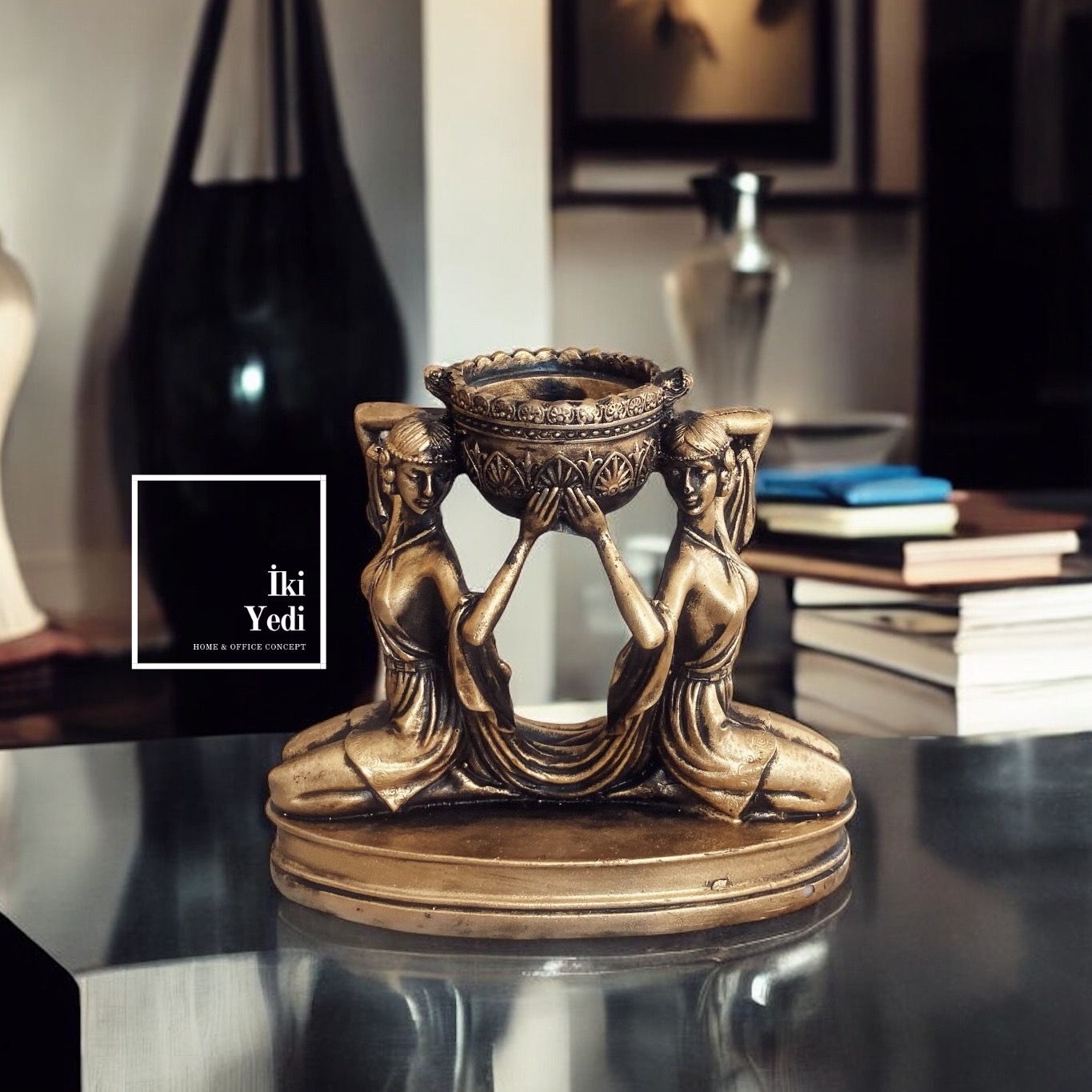 Ladner Antik Kadın Figürlü Dekoratif Şamdan, İkili Mumluk, Sanatsal Ev Ofis Hediyelik Obje