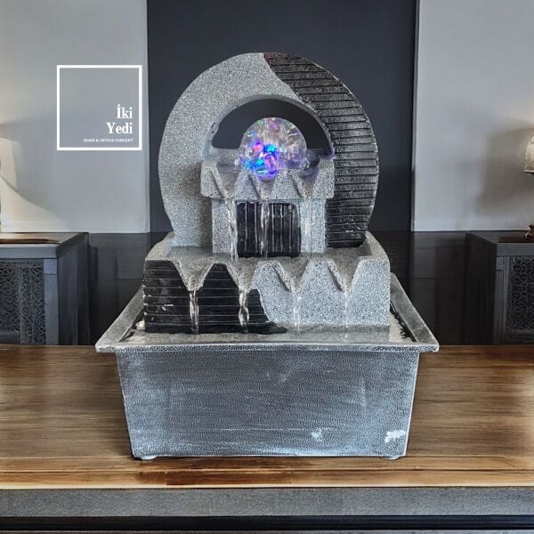 Maslow Gri Taş Görünümlü Masaüstü Şelale – Zen Dekoratif Su Çeşmesi, Feng Shui Ofis Aksesuarı