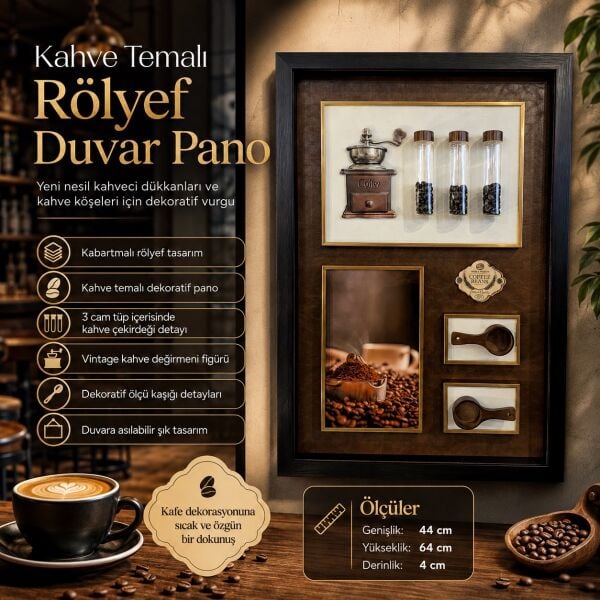 3D Rölyef Kahve Pano 44x64 cm Yeni Nesil Kahveci Kafe Mutfak Ve Coffee Shop Duvar Dekoru Lüks Stil