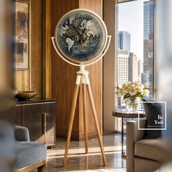 Theon Çarklı Dünya Haritalı Tripod Ayaklı Dekoratif Büyük Boy Ayaklı Saat 170 cm Vintage Salon Ofis
