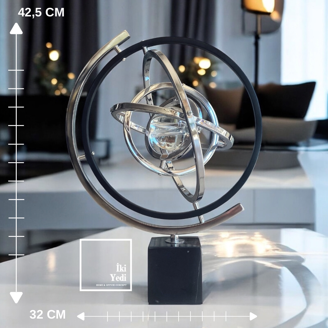 Ortega Kuantum Gezegen Modeli, Cam Küreli Metal Obje, Modern Ofis Hediyesi Dekoratif Aksesuar