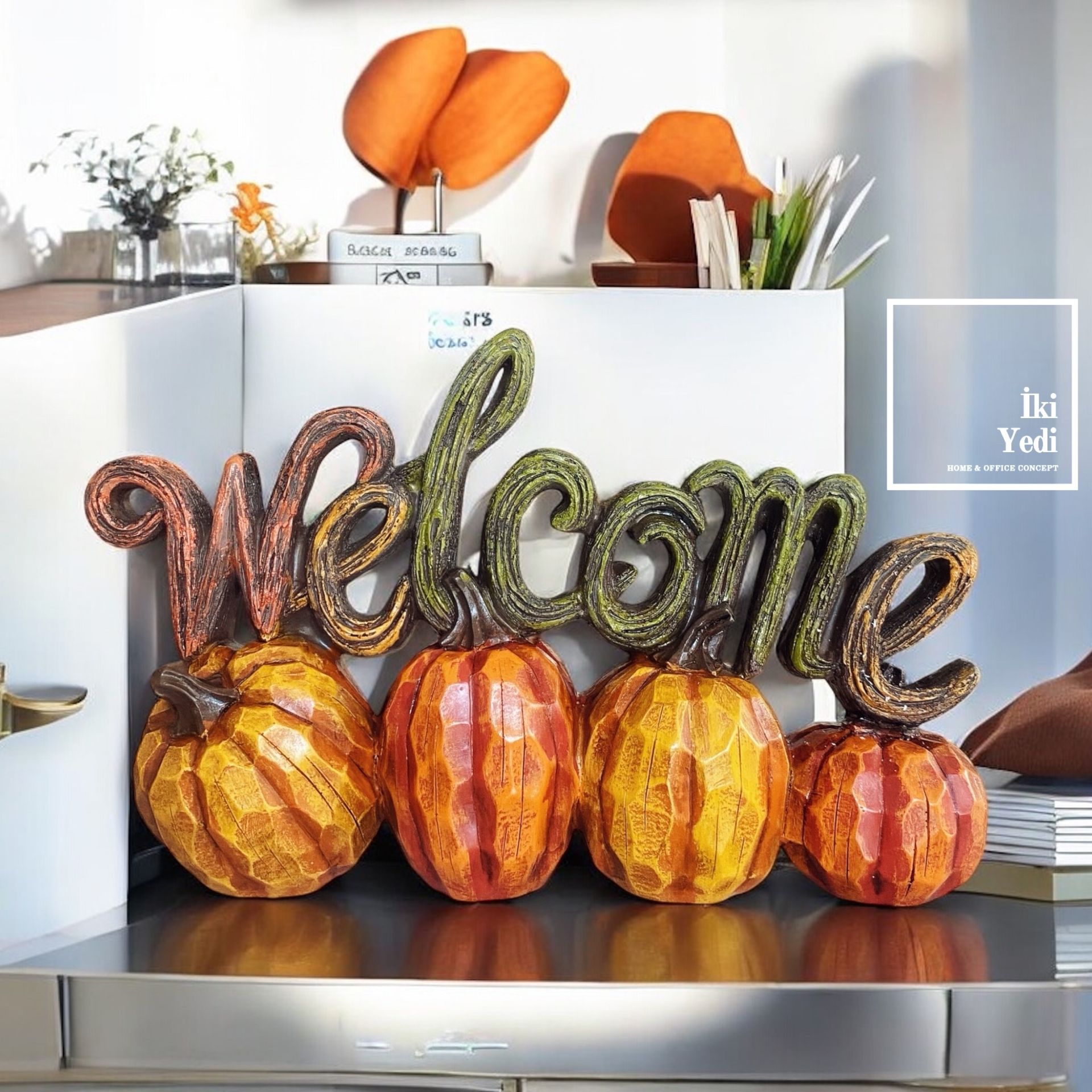 Frumkin Kabaklı “Welcome” Dekor Sonbahar Temalı Masaüstü Karşılama Yazısı Ev Kafe Giriş Aksesuarı
