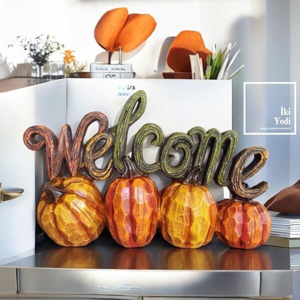 Frumkin Kabaklı “Welcome” Dekor Sonbahar Temalı Masaüstü Karşılama Yazısı Ev Kafe Giriş Aksesuarı