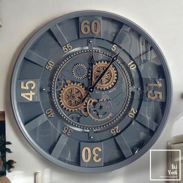 Getafe 60 cm Gri Metal Döner Çarklı Duvar Saati – Endüstriyel Büyük Saat Ev Ofis Hediyesi