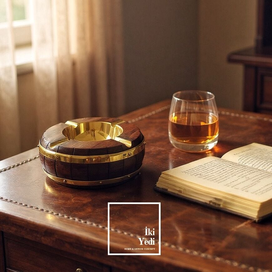 Norman Masif Ahşap Pirinç Küllük – Antik Tasarım Kültablası, Lüks Ev ve Ofis Hediyesi