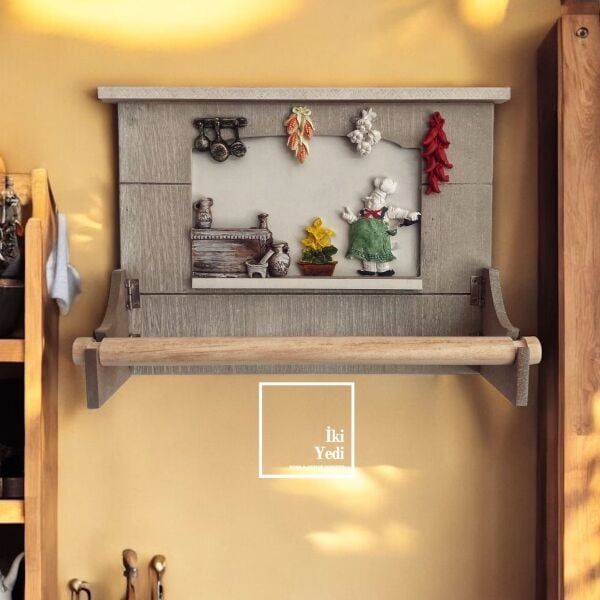 Shirley Ahşap Şef Temalı Mutfak Havluluk – Vintage Duvar Askılığı Dekoratif Raflı Havlu Tutucu