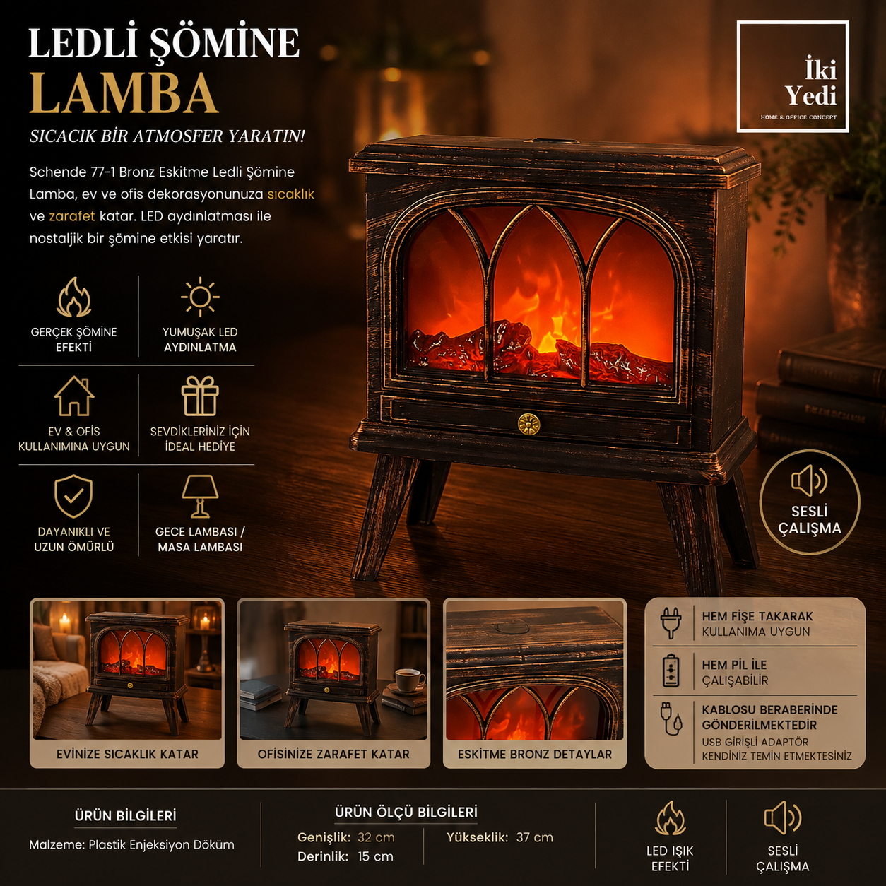 Schende 77-1 Bronz Eskitme Sesli ve Ledli Şömine Lamba Alev Efekt Pilli Usb Kablo Masa Gece Lambası