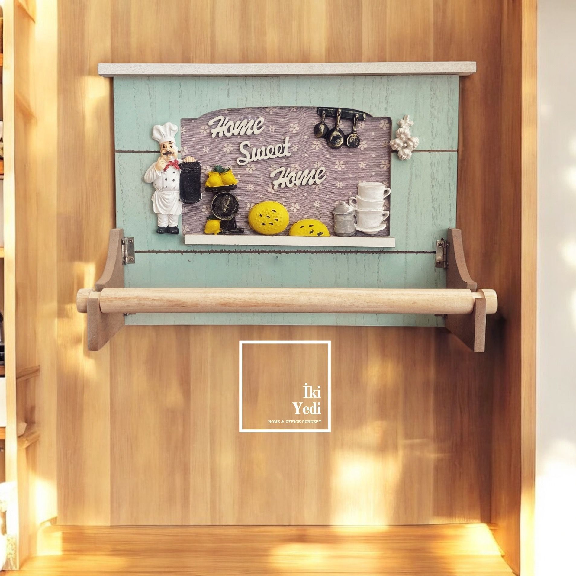 Shirley 77-1 Şef Temalı Mutfak Duvar Havluluğu Dekoratif Ahşap Askılık, Vintage Stil Havlu Tutucu Raf Havluluk