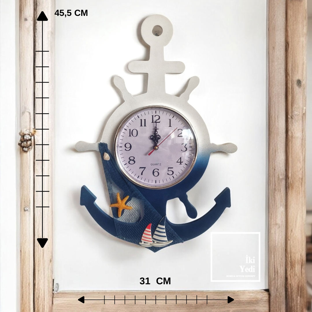 Mosley 77-1 Dümen ve Çapa Tasarımlı Duvar Saati Denizci Temalı Dekoratif Saat 45,5x31 cm Ahşap Obje