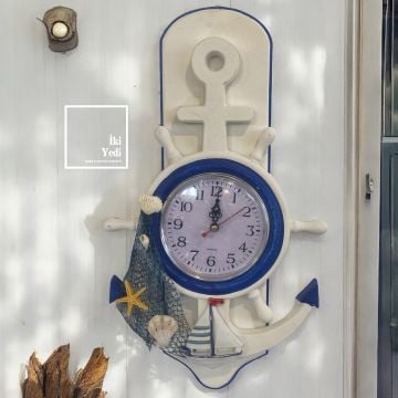 N77 Dümen ve Çapa Tasarım Ahşap Mavi Beyaz Duvar Saati Denizcilik Dekorasyon Ev Ofis Büro Hediyesi Obje