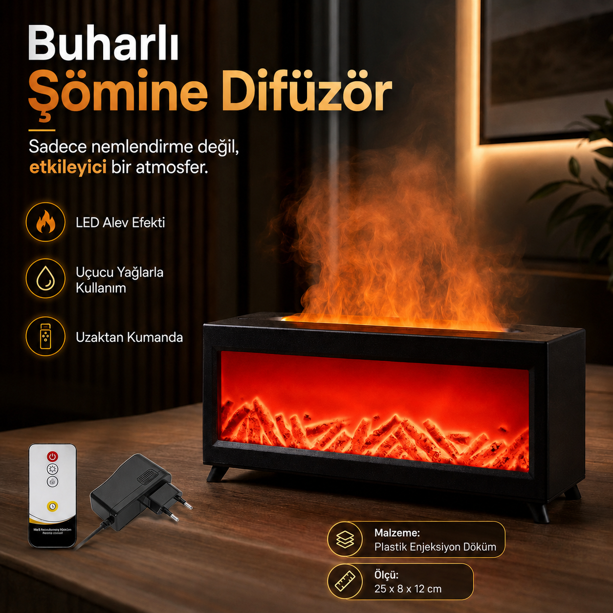 Buharlı Şömine Difüzör LED Alev Efektli Hava Nemlendirici Oda Kokusu Makinesi Uzaktan Kumandalı
