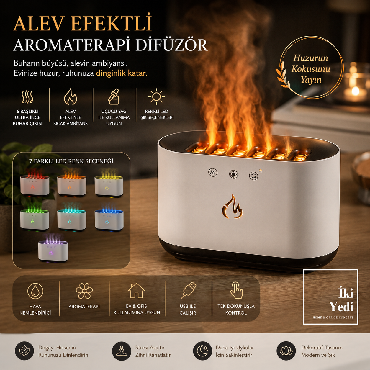 7 Renk LED Alev Efektli Hava Nemlendirici Buhar Makinesi USB'li Aromaterapi Difüzör Ve Gece Lambası