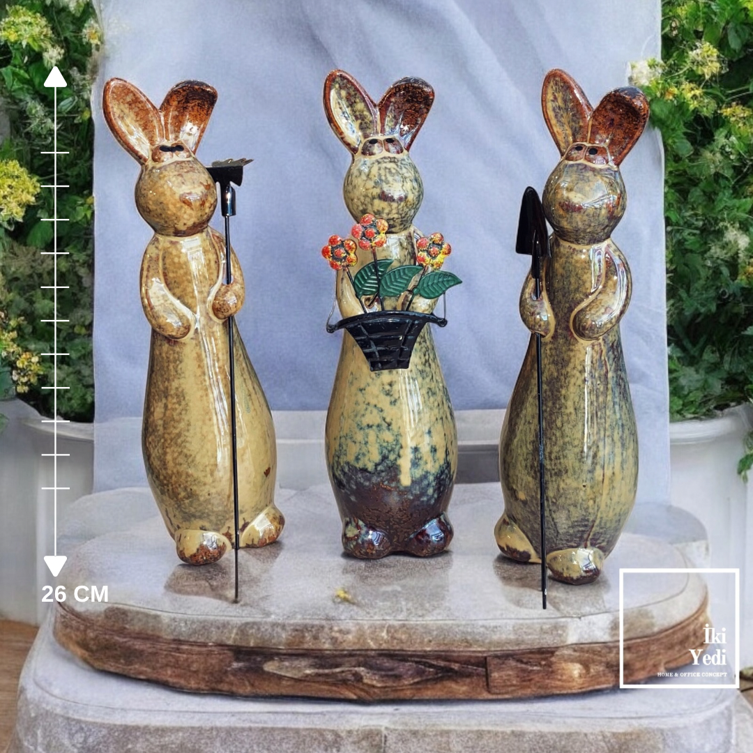 Polly 77-1 Seramik Bahçıvan Tavşan Biblo Seti Çiçekli Sevimli Figürler, Country Stil Bahar Dekor
