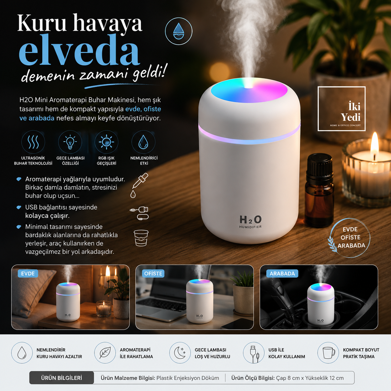 H2O Mini Araç İçi Ve Masaüstü Hava Nemlendirici RGB Renkli Işıklı USB'li Aromaterapi Buhar Makinesi
