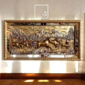 Sodiva 152 cm Altın Gümüş Varaklı At Rölyef Tablo – Lüks Kabartmalı Duvar Dekoru Ofis Ev Hediyesi