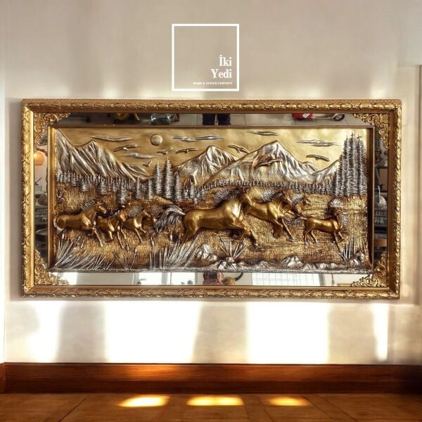 Sodiva 152 cm Altın Gümüş Varaklı At Rölyef Tablo – Lüks Kabartmalı Duvar Dekoru Ofis Ev Hediyesi