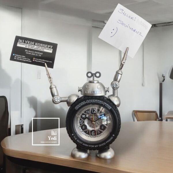 Robinio 77-1 Gri Robot Masa Saati, Not ve Kart Tutuculu Dekoratif Saat, Ofis Hediyesi Aksesuar