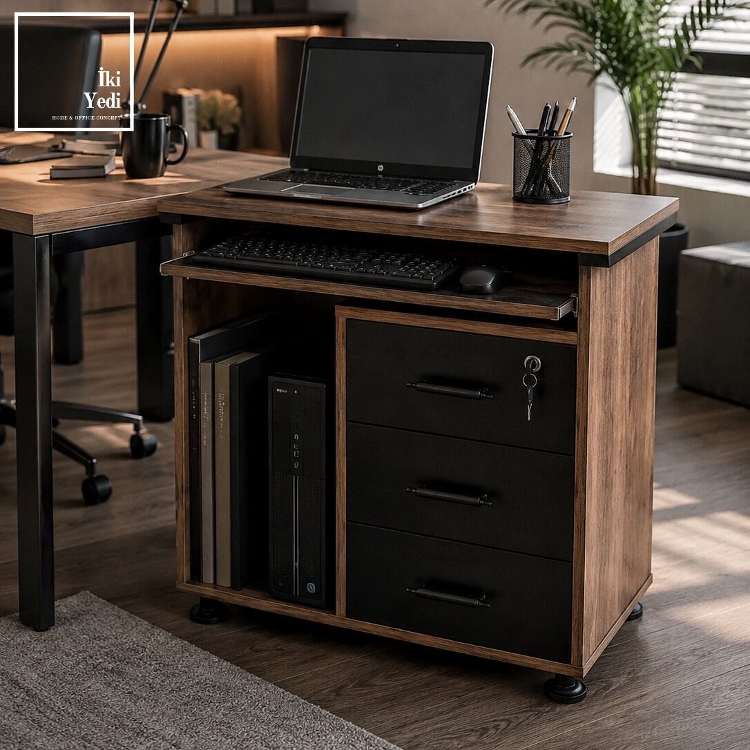 Rodos Klavyelikli 80 cm Bilgisayar Masası Çekmeceli Çalışma Masası Ofis Etajer Dolabı Keson Büro Ev