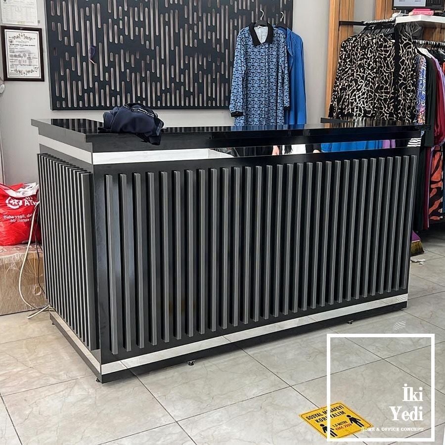 Francisco Luxury Karşılama Bankosu Siyah & Krom Gümüş Çıtalı Banko Danışma Masası Para Kasası Desk VIP Kuaför Güzellik Salonu Berber Cafe Restoran Hotel