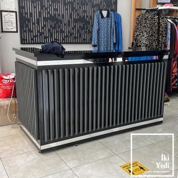 Francisco Luxury Karşılama Bankosu Siyah & Krom Gümüş Çıtalı Banko Danışma Masası Para Kasası Desk VIP Kuaför Güzellik Salonu Berber Cafe Restoran Hotel