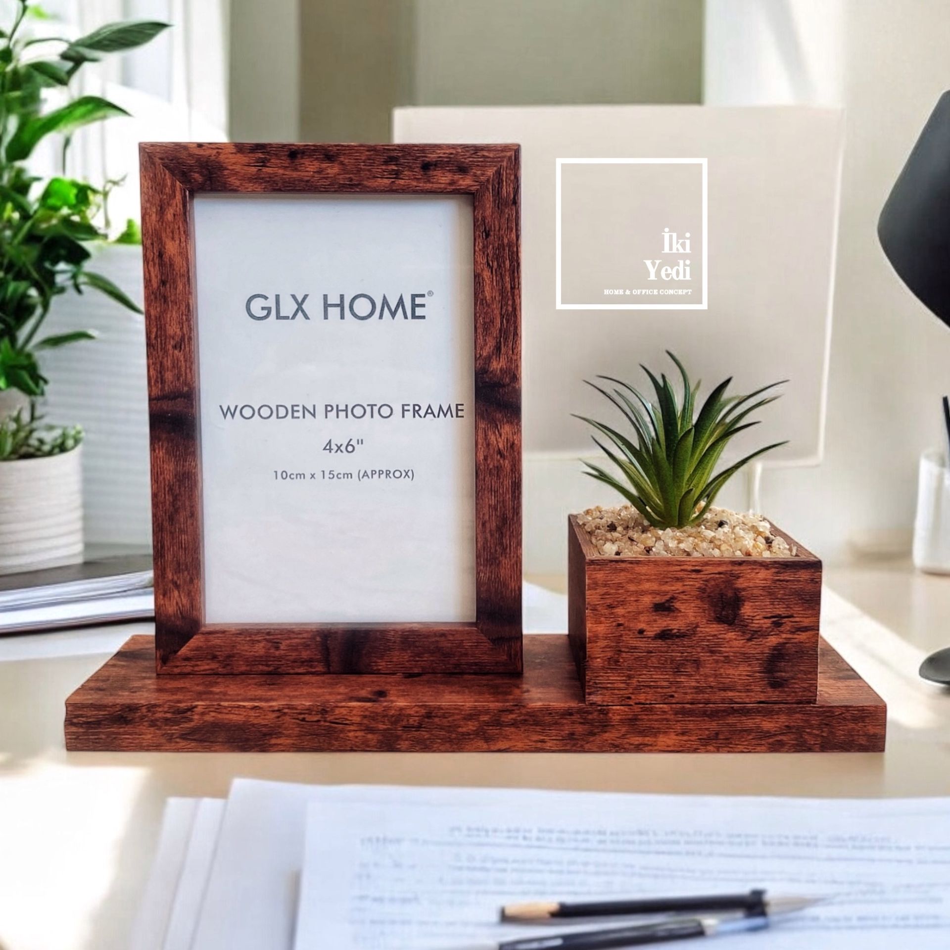 Ahşap Masaüstü Fotoğraf Çerçevesi 10x15 cm, Sukulentli Dekoratif Çerçeve Ev Ofis Aksesuarı