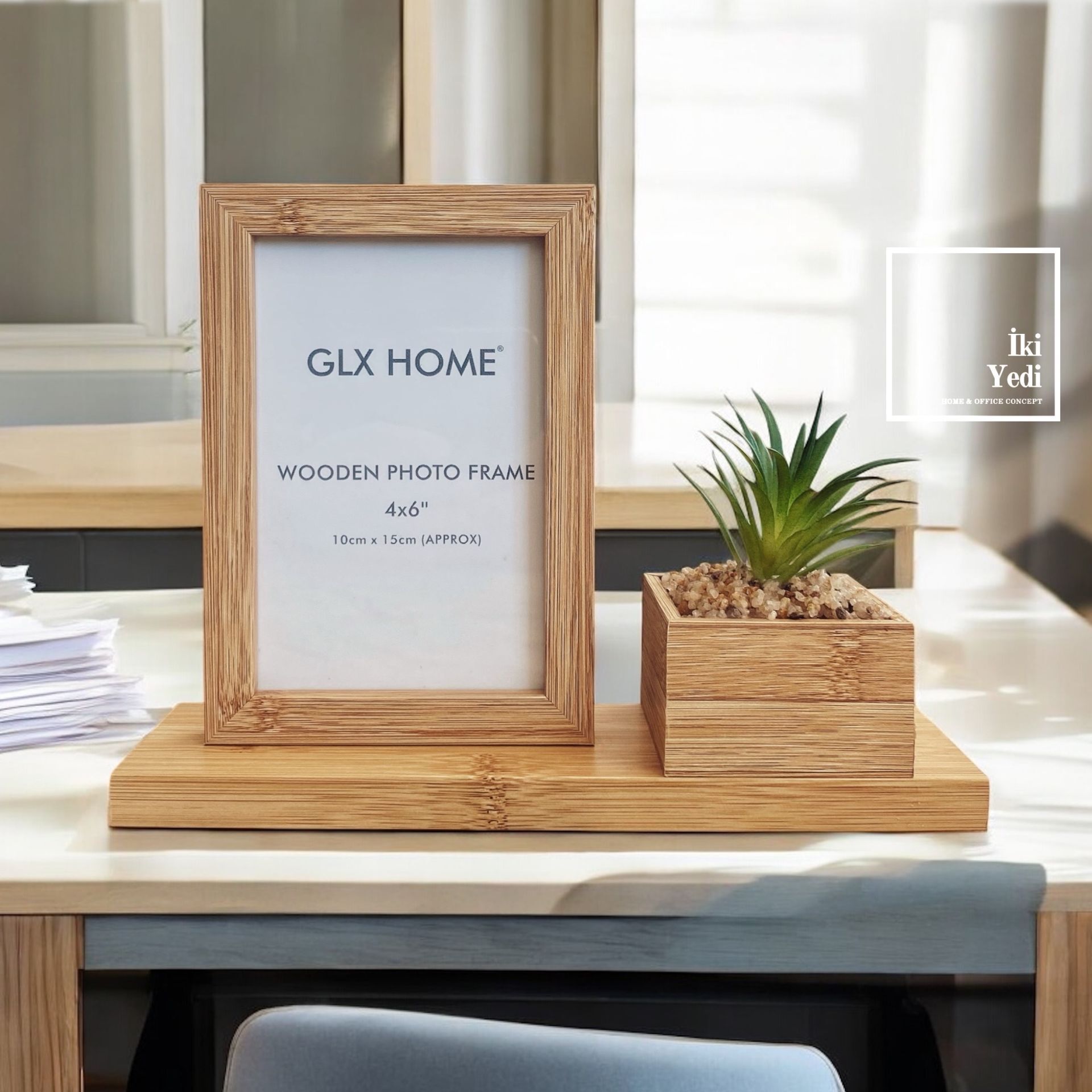 Bambu Görünümlü Ahşap Fotoğraf Çerçevesi 10x15 cm, Sukulentli Masaüstü Ofis Hediyesi Dekor