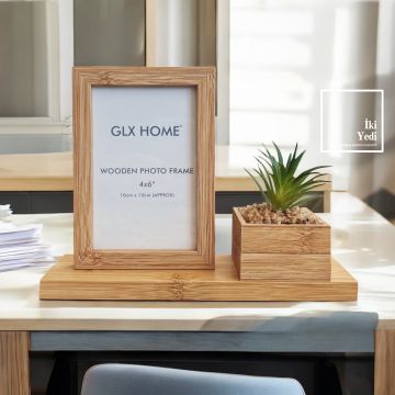 Bambu Görünümlü Ahşap Fotoğraf Çerçevesi 10x15 cm, Sukulentli Masaüstü Ofis Hediyesi Dekor