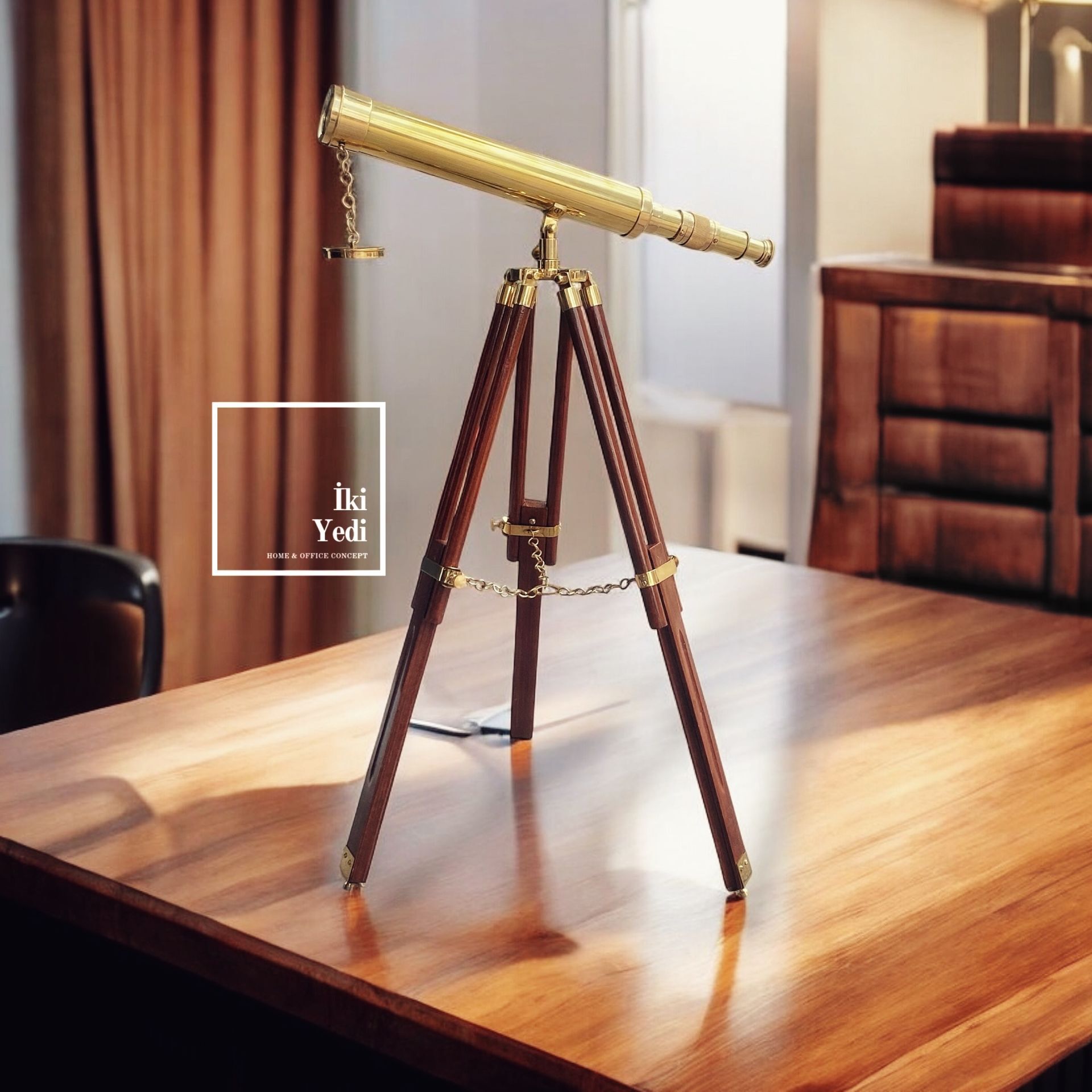 Albert Tripod Ahşap Ayaklı Pirinç Teleskop – Antika Dekoratif Vintage Denizci Teleskopu Hediyelik