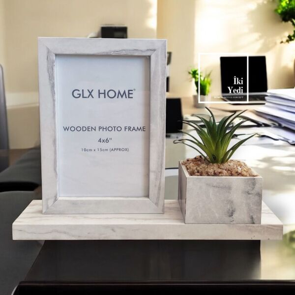 Mermer Desenli Ahşap Fotoğraf Çerçevesi 10x15 cm, Sukulentli Masaüstü Dekor Ofis Hediyesi