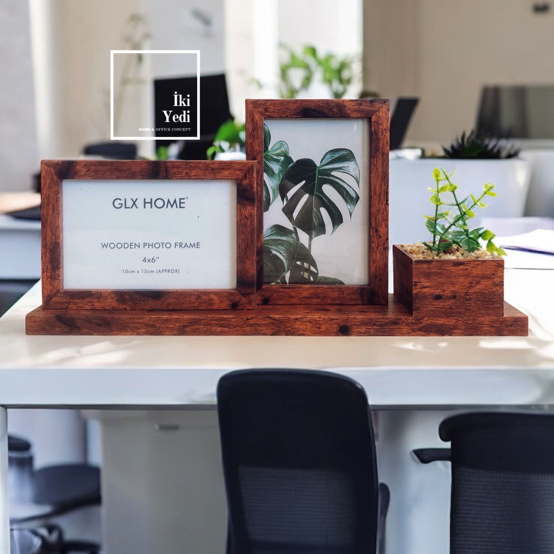 2’li Ahşap Masaüstü Fotoğraf Çerçevesi, 10x15 cm, Sukulentli Dekoratif Ofis Hediyesi Obje