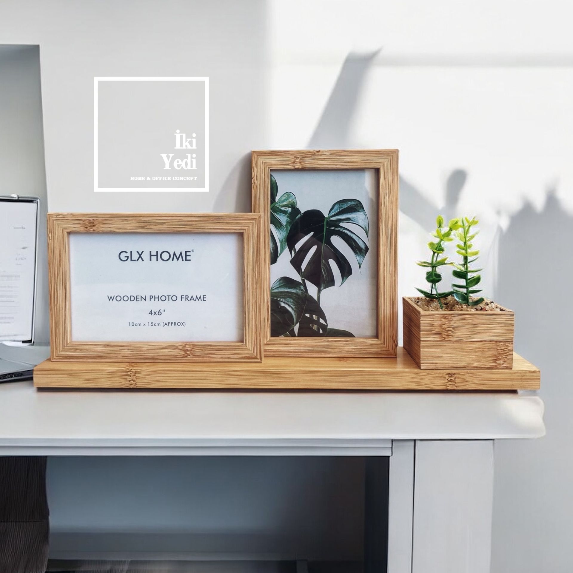 Bambu Görünümlü 2’li Ahşap Fotoğraf Çerçevesi, 10x15 cm, Sukulentli Masaüstü Ofis Hediyesi