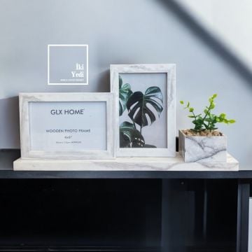 Mermer Desenli 2’li Ahşap Fotoğraf Çerçevesi, 10x15 cm, Yapay Sukulentli Dekoratif Ofis Hediyesi