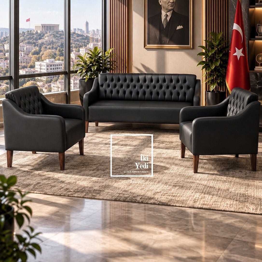 Peakloon Düğmeli Kapitoneli Deri Ofis Koltuk Takımı Büro Oturma Grubu Makam Odası Misafir Dinlenme