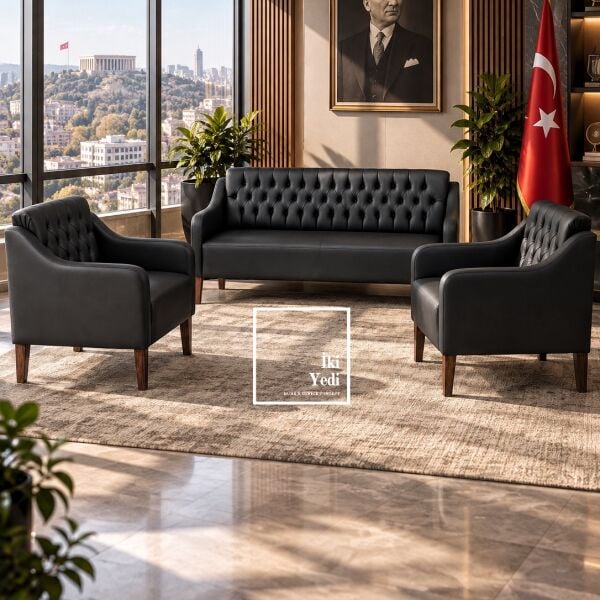 Peakloon Düğmeli Kapitoneli Deri Ofis Koltuk Takımı Büro Oturma Grubu Makam Odası Misafir Dinlenme