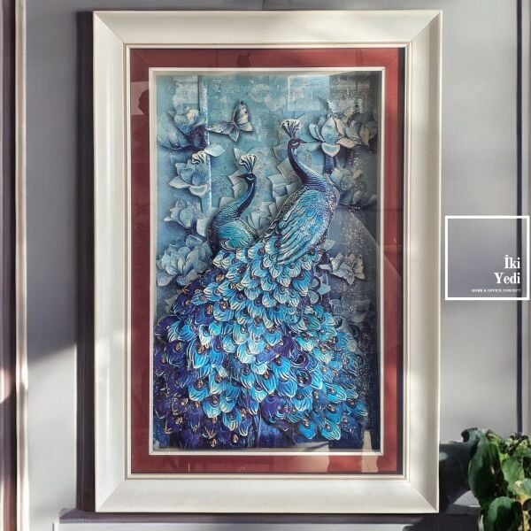 Turkuaz Tavuskuşu Figürlü 58x83 cm Çerçeveli 3D Kağıt Rölyef Tablo – Lüks Duvar Dekorasyonu