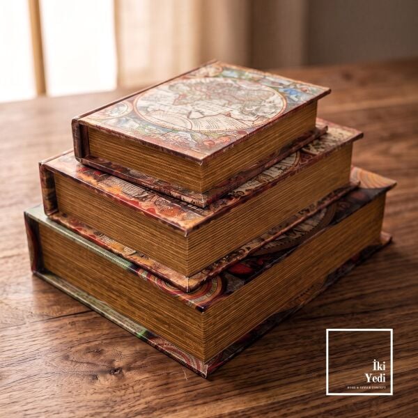 Kamufle Atlas: Kitap Görünümlü Ahşap Dekoratif Kutu Seti Zamansız Haritalar Formunda Saklama Kutusu
