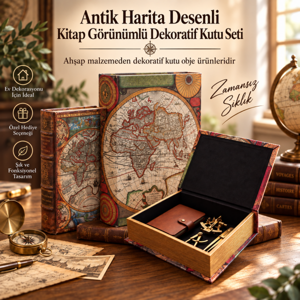 Kamufle Atlas: Kitap Görünümlü Ahşap Dekoratif Kutu Seti Zamansız Haritalar Formunda Saklama Kutusu