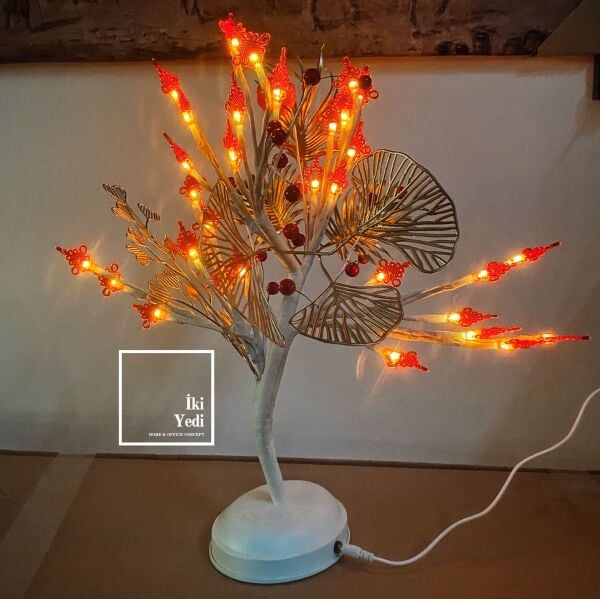 Aldous 77-2 Kırmızı LED Masa Lambası, 45 cm Yapraklı Çiçek Tasarım, Gece Lambası Dekoratif